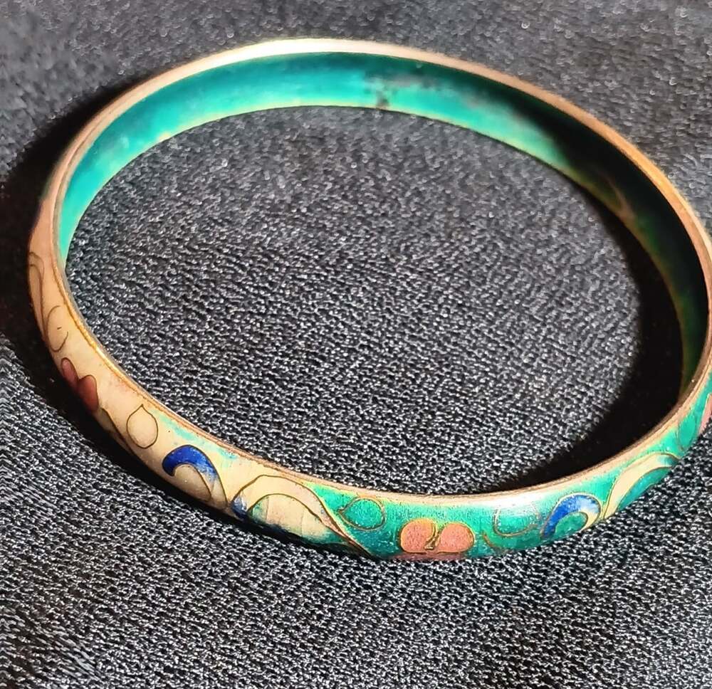 Vintage Chinese Cloisonné Enamel Bangle Bracelet 1970s Teal Pink Floral 8"